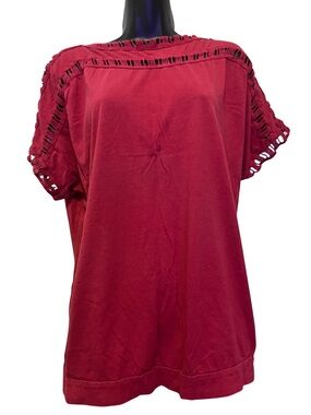Burgundy Short-Sleeve Eyelet-Trim Women's Top